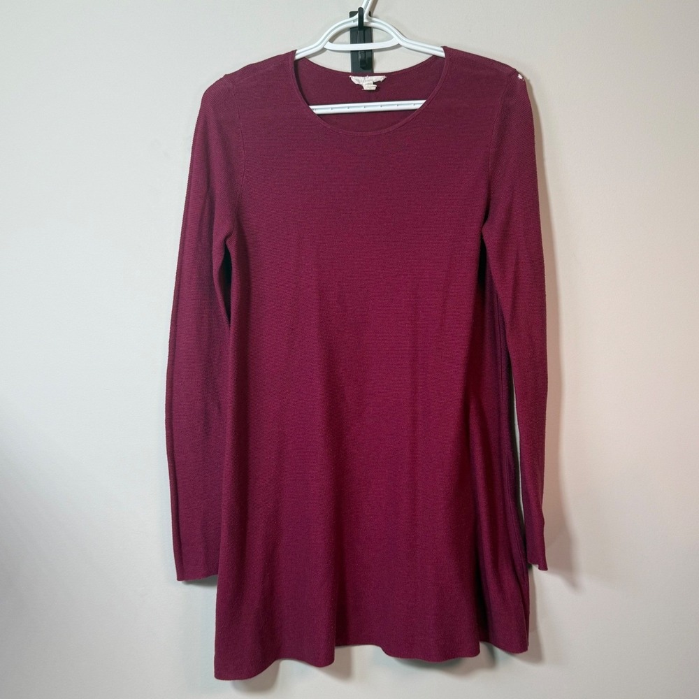 Eileen Fisher Tunic Sweater Womens Small Burgundy Fair Textured Knit Long Sleeve